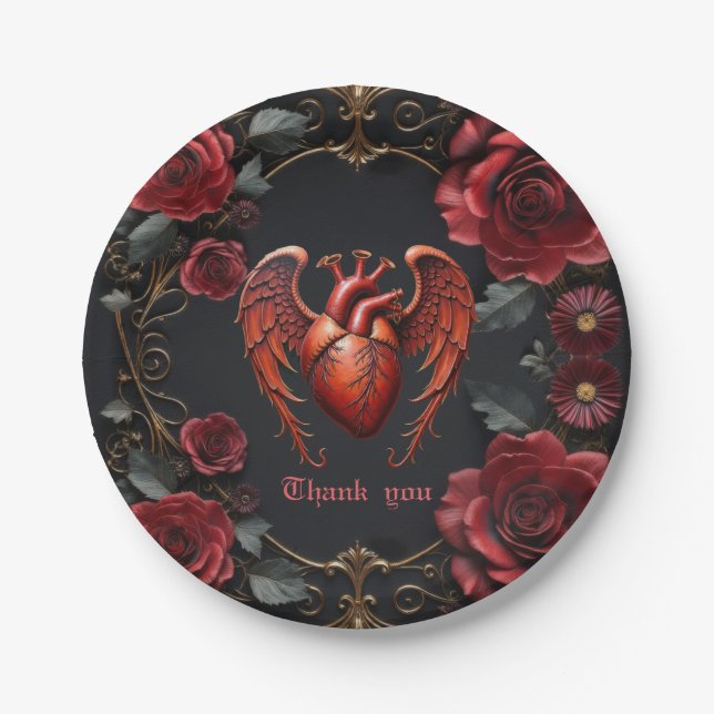 Gothic Red Heart with Roses – Dark Romantic  Paper Plate (Front)