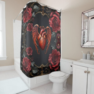 Gothic Red Heart with Roses – Dark Romantic Shower Curtain