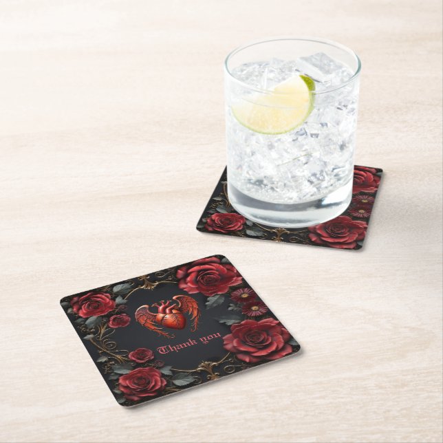 Gothic Red Heart with Roses – Dark Romantic  Square Paper Coaster (Insitu)