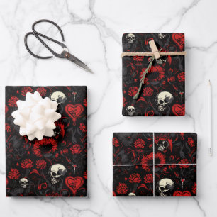 Gothic Red Hearts Black Flowers and Skulls Wrapping Paper Sheet