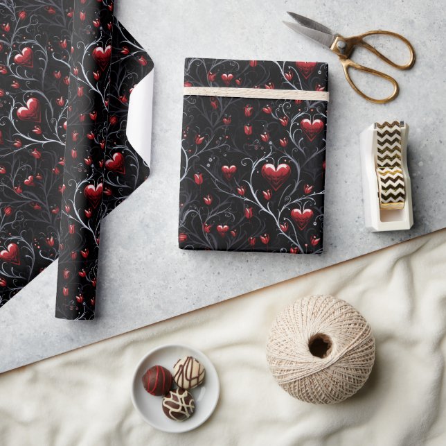 Gothic Red Hearts Gray Metal Fine Lines Wrapping Paper (Crafts)
