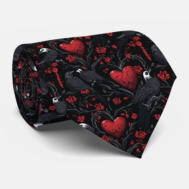 Gothic Red Hearts Red Flowers and Crows Tie (Rolled)