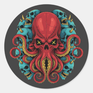 Gothic Red Octopus Blue Skulls Classic Round Sticker