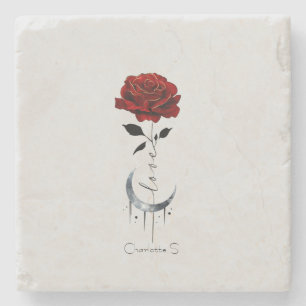 Gothic Red Rose and Crescent Moon with Love Stone Coaster