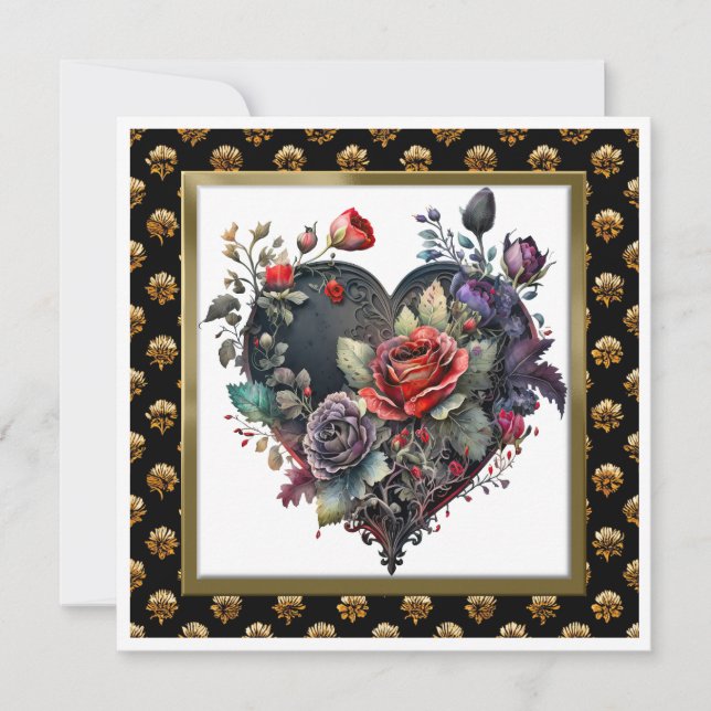 Gothic Red Rose and Heart Greeting Card Notecard (Front)