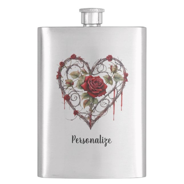 Gothic Red Rose Heart Vine Artwork Personalize Hip Flask (Front)