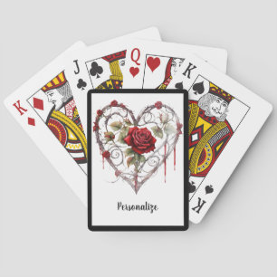 Gothic Red Rose Heart with Vine Accent Personalize Playing Cards