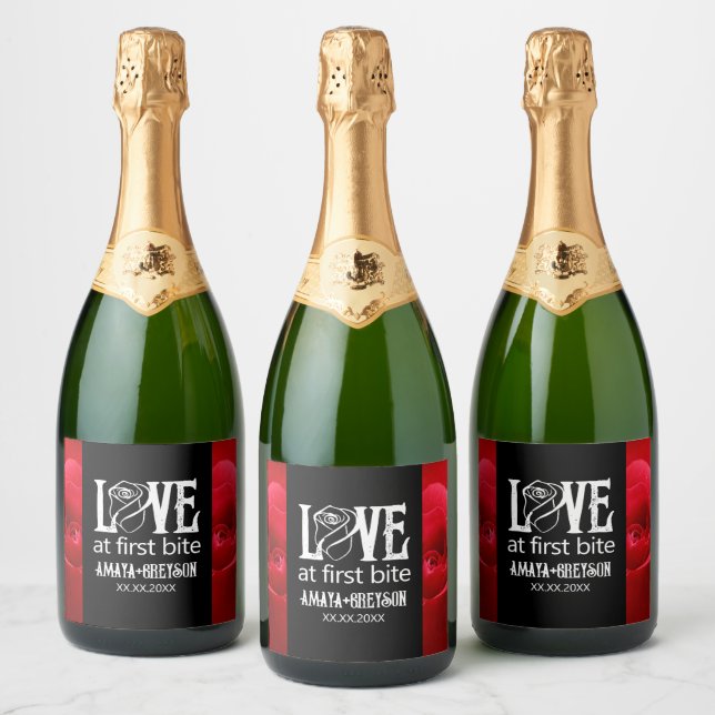 Gothic Red Rose Love at First Bite Wedding Sparkling Wine Label (Bottles)