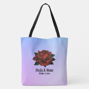 Gothic Red Rose Name and Date Purple Wedding Tote Bag