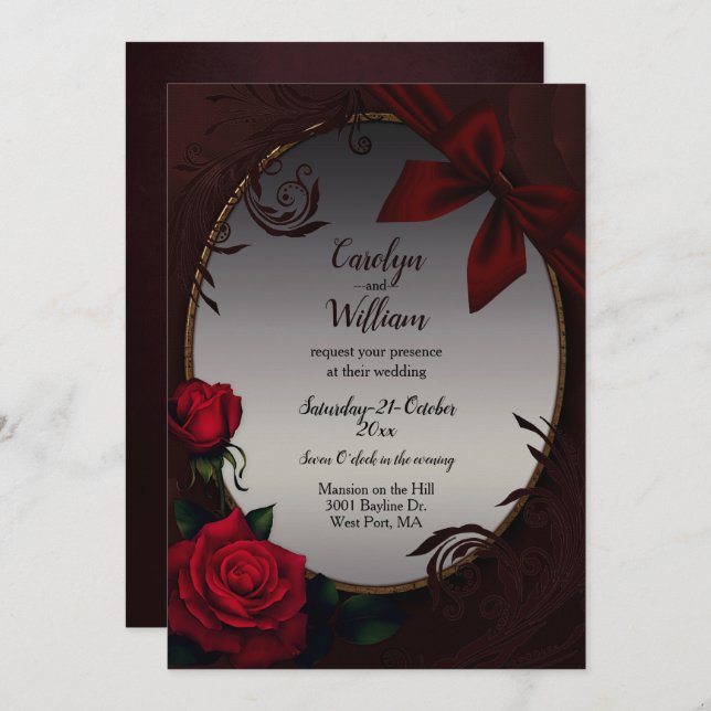 Gothic Red Roses and Bow Wedding  Invitation (Front/Back)