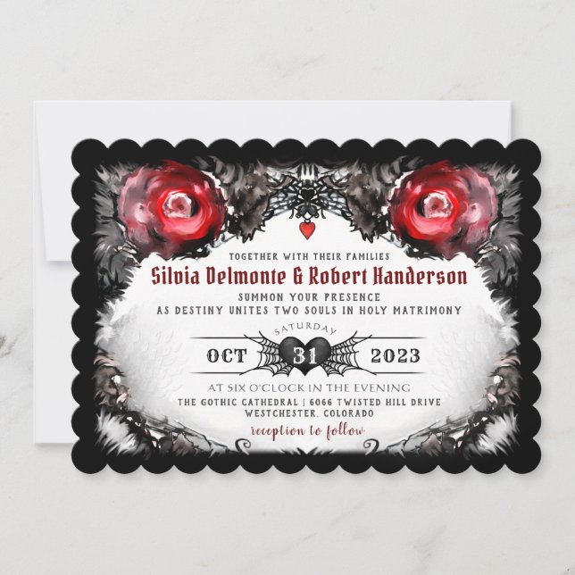 Gothic Red Roses and Spiders Halloween Wedding Invitation (Front)