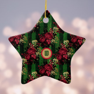 Gothic Red Roses and Stripes with Initial Ceramic Tree Decoration