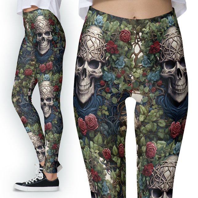 Gothic Red Roses Blue Flowers Ivy Celtic Skulls Leggings (Creator Uploaded)