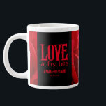 Gothic Red Roses Love at First Bite Wedding Large Coffee Mug<br><div class="desc">Celebrate your Gothic-themed special day with this striking oversized coffee mug,  which features the sappy,  pun-filled sentiment,  "Love at First Bite" in Goth-inspired lettering. Customise with newlyweds' names,  wedding date,  and vow. 

Design © W.H. Sim. See more at zazzle.com/expressionsoccasions</div>