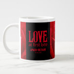 Gothic Red Roses Love at First Bite Wedding Large Coffee Mug<br><div class="desc">Celebrate your Gothic-themed special day with this striking oversized coffee mug,  which features the sappy,  pun-filled sentiment,  "Love at First Bite" in Goth-inspired lettering. Customise with newlyweds' names,  wedding date,  and vow. 

Design © W.H. Sim. See more at zazzle.com/expressionsoccasions</div>