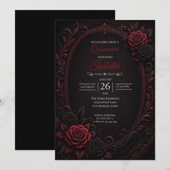 Gothic Red roses Quinceañera Invitation (Front/Back)