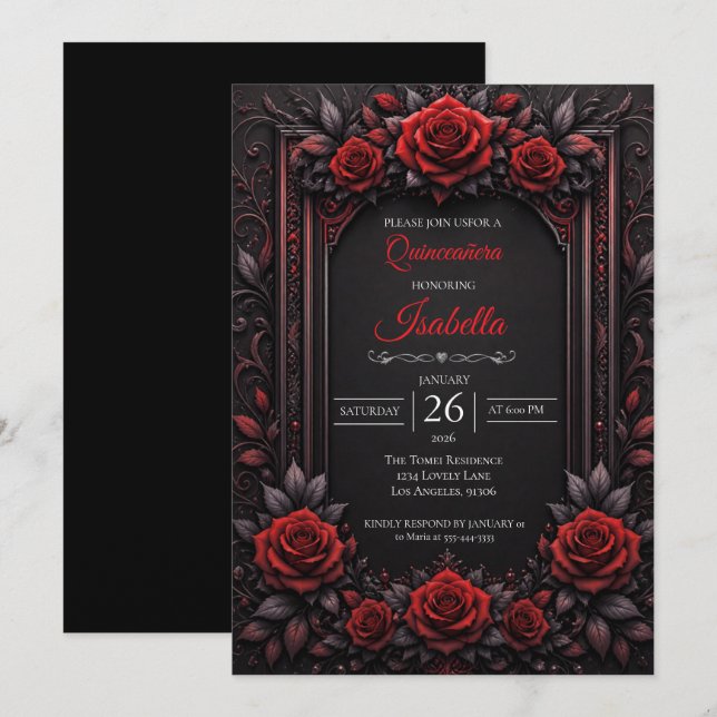 Gothic Red roses Quinceañera Invitation (Front/Back)