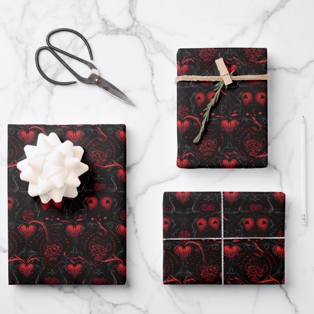 Gothic Red Roses Red Hearts and Black Flowers Wrapping Paper Sheet (Front)