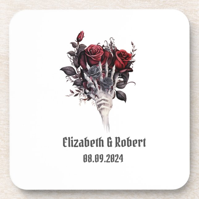 Gothic Red Roses Skeleton Wedding  Coaster (Front)
