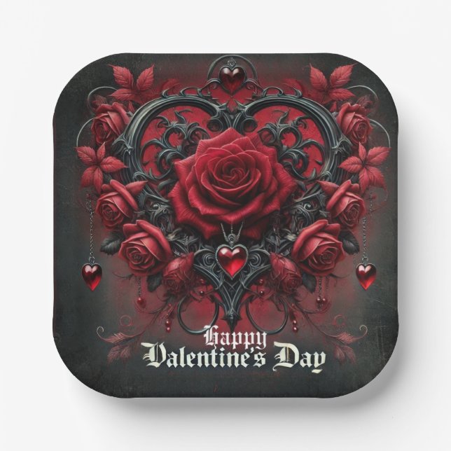 Gothic red roses Valentine's day Paper Plate (Front)