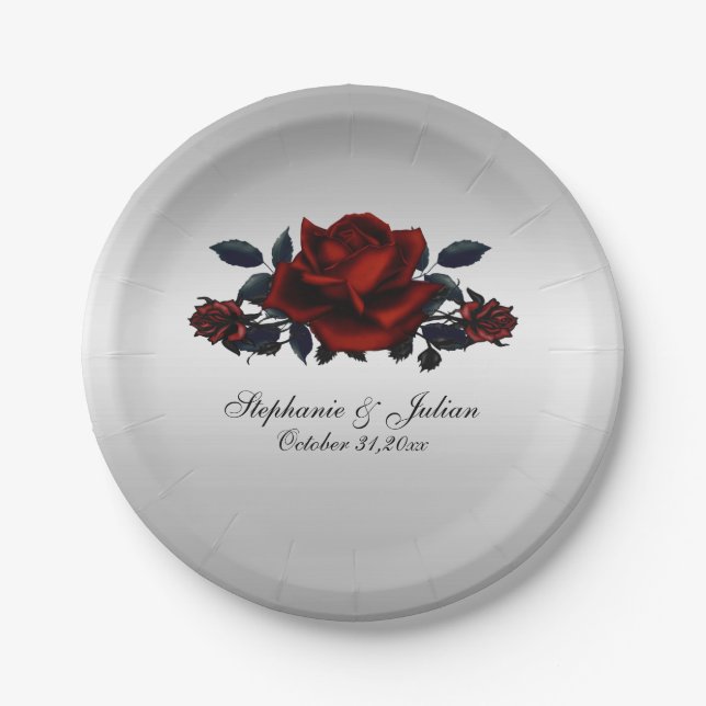 Gothic Red Roses Wedding Paper Plate (Front)