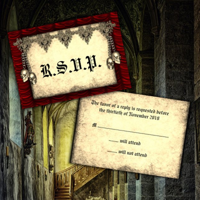Gothic Red Silk and Gold Skulls Wedding RSVP Card (Creator Uploaded)