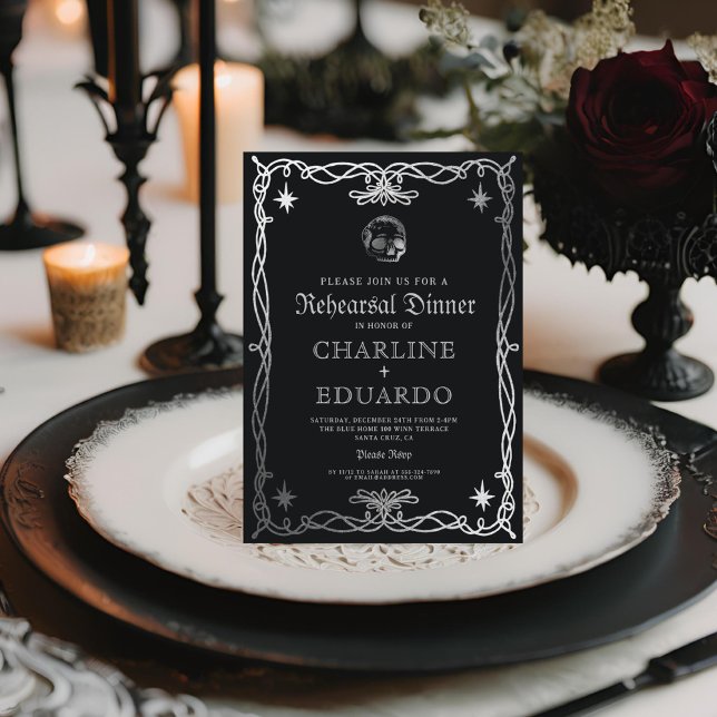 Gothic Rehearsal Dinner Black Silver Invitation (Creator Uploaded)