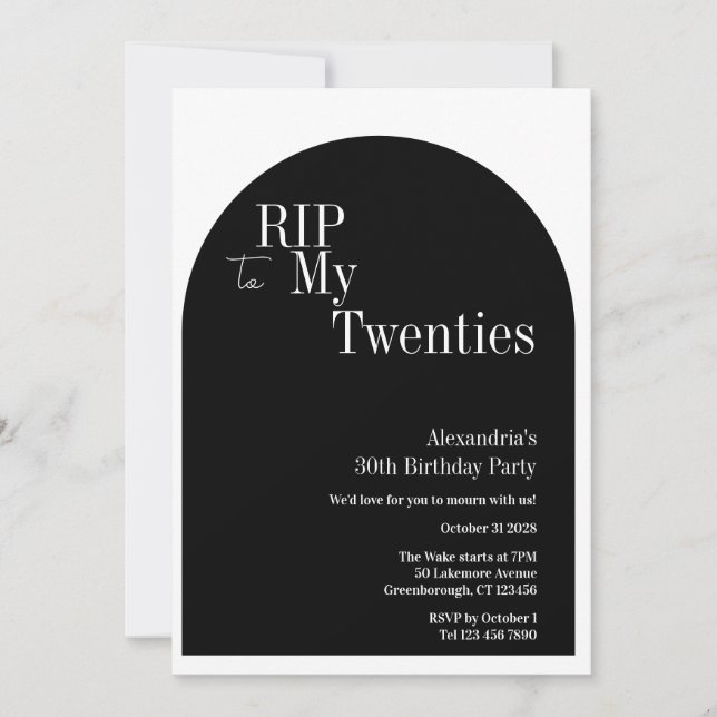 Gothic RIP 20s 30th Birthday Party Black and White Invitation (Front)
