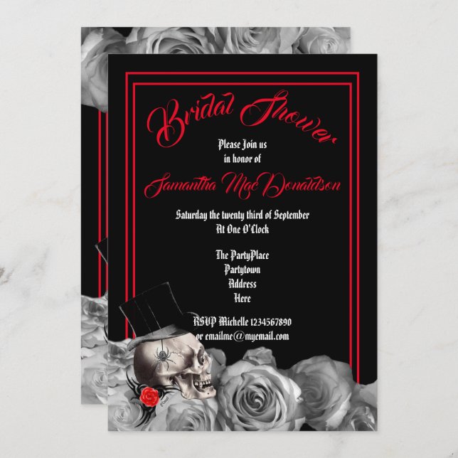 Gothic, rock or biker black and red bridal shower invitation (Front/Back)
