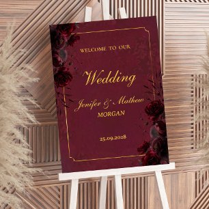 Gothic Romance Burgundy Roses Elegant Welcome Sign
