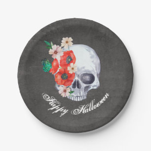 Gothic Romance Floral Skull Halloween Paper Plate