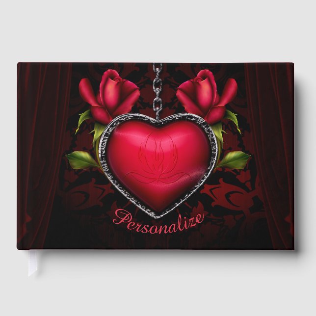 Gothic Romance Red Heart Chain & Roses Personalise Guest Book (Front)