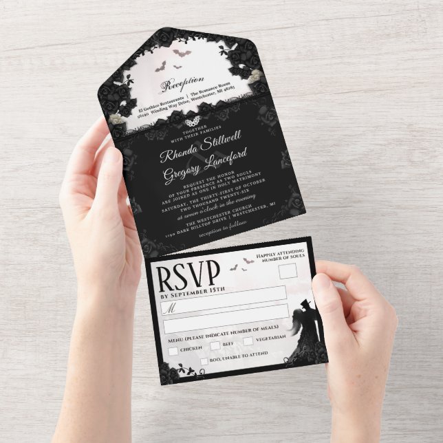 Gothic Romance Wedding - Menu RSVP "Together With" All In One Invitation (Tearaway)