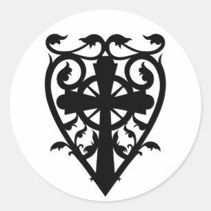 Gothic romantic cross in heart classic round sticker
