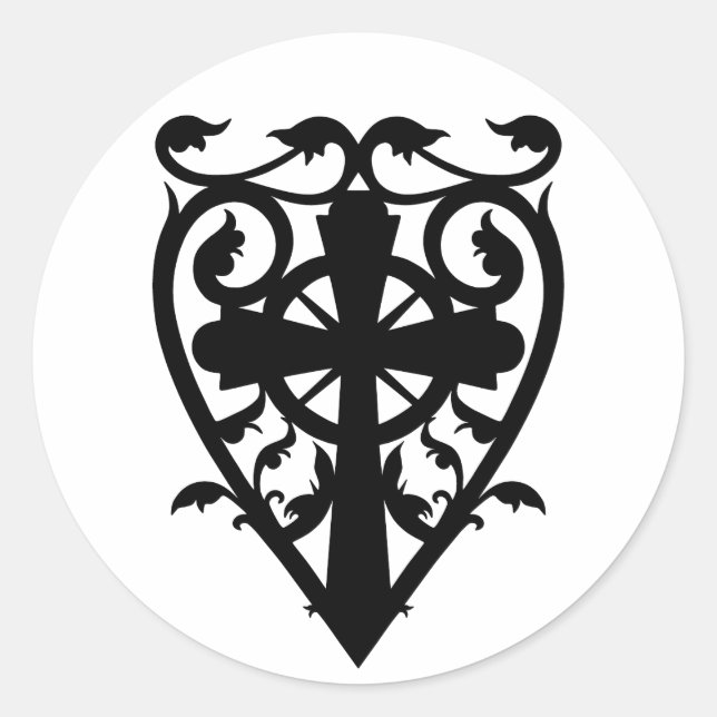 Gothic romantic cross in heart classic round sticker (Front)