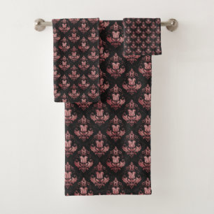 Gothic Romantic Dusty Pink Damask on Black Bath Towel Set
