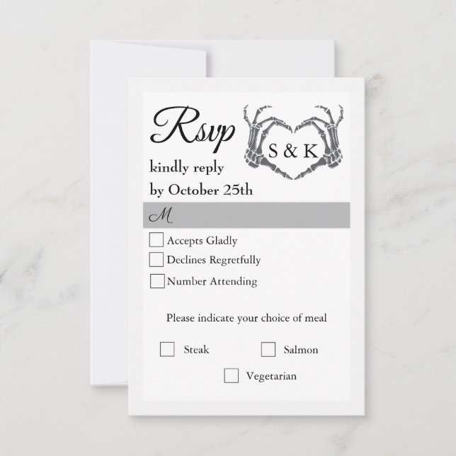 Gothic Romantic Skeleton Hand Halloween Wedding RSVP Card (Front)