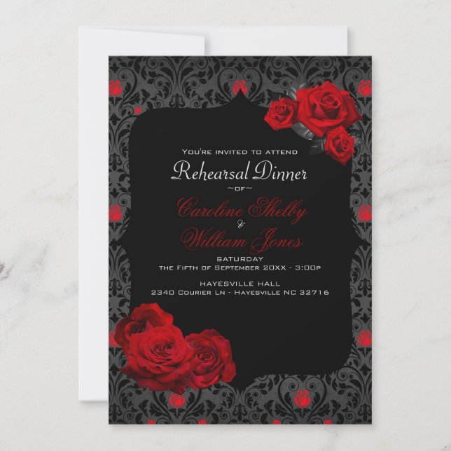Gothic Rose Black and Red Rehearsal Dinner Invitat Invitation (Front)