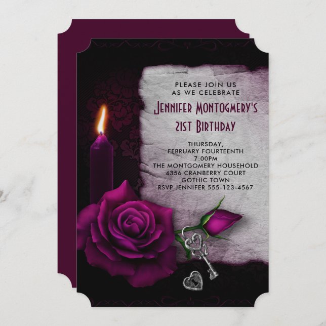 Gothic Rose Candle and Locket Birthday Party Invitation (Front/Back)