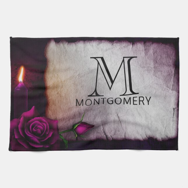 Gothic Rose, Candle, and Parchment Monogram Tea Towel (Horizontal)