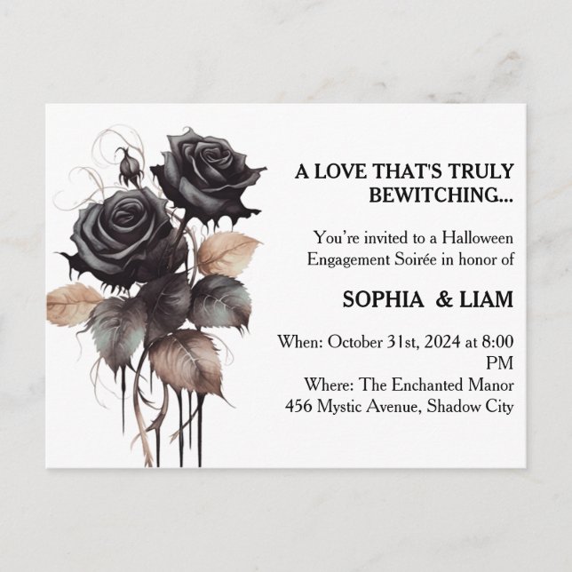 Gothic Rose Halloween Engagement Party Invitation Postcard (Front)