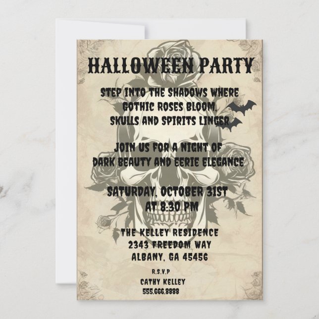 Gothic Rose Skull Invitation - Vintage Halloween P (Front)
