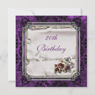 Gothic Roses & Black Damask 20th Birthday Invitation