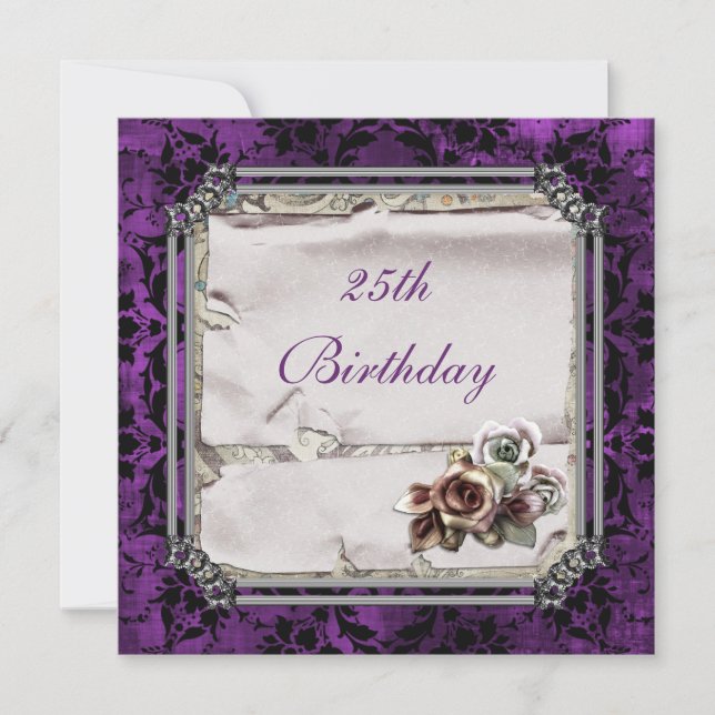 Gothic Roses & Black Damask 25th Birthday Invitation (Front)