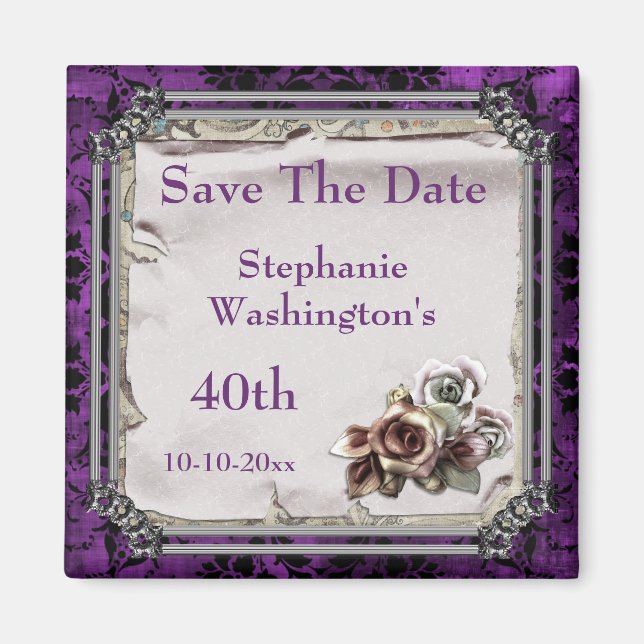 Gothic Roses & Black Damask 40th Save The Date Magnet (Front)
