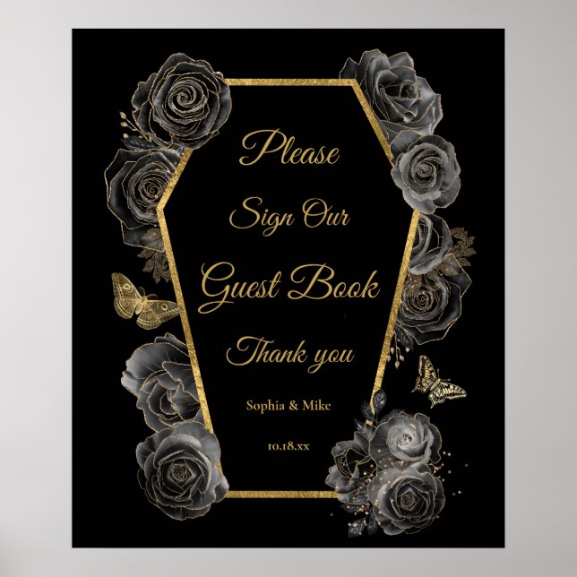 Gothic Roses Coffin Wedding Guest Book Table Sign (Front)