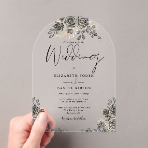 Gothic Roses Floral Black And Gold Arch Wedding Acrylic Invitations