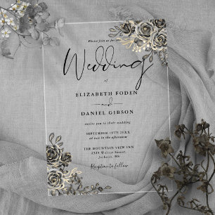 Gothic Roses Floral Black And Gold Wedding Acrylic Invitations