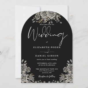 Gothic Roses Floral Black And White Arch Wedding Invitation