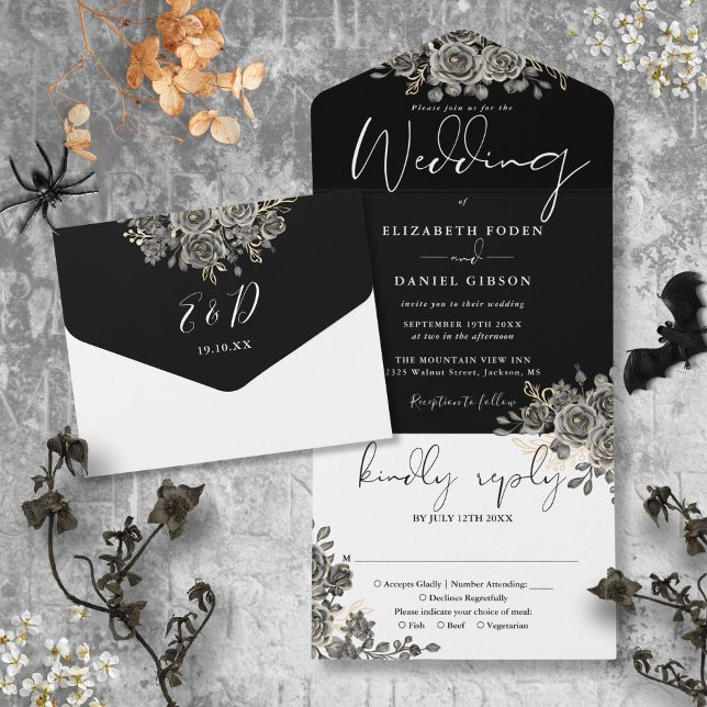 Gothic Roses Floral Black And White Wedding All In One Invitation (Gothic Roses Floral Black And White Wedding All In One Invitation)